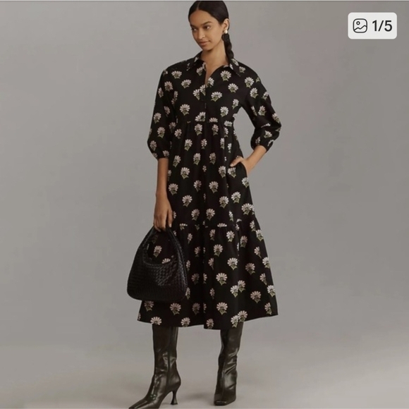 Anthropologie Dresses & Skirts - Anthropologie Maeve Black Midi Dress with Pink & Green Floral Print - Size XL